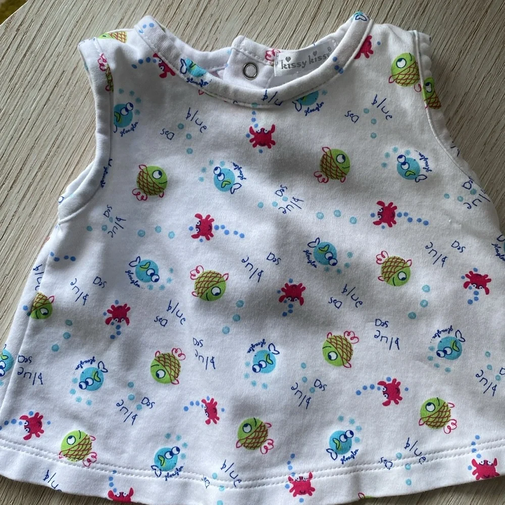 Kissy Kissy 2 Piece Fish Print Top & Diaper Cover Size 0-3 M